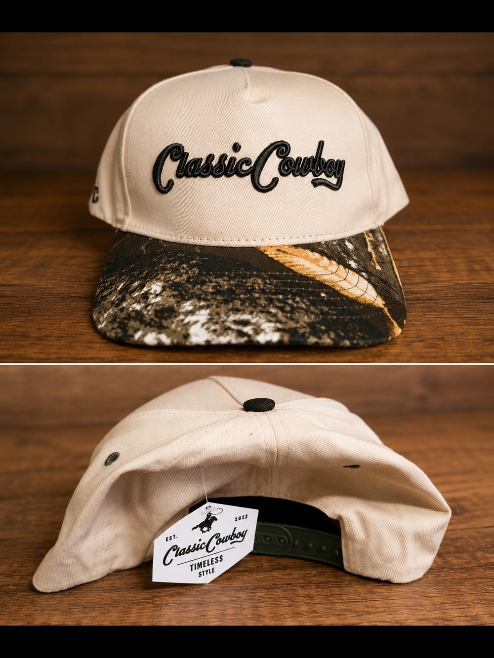 Men’s Beige Snapback Hat with Camo Brim